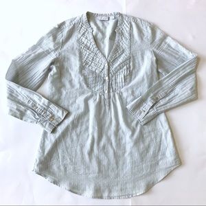 Long Sleeve V-neck Pleated Shirt w/ Metal Buttons